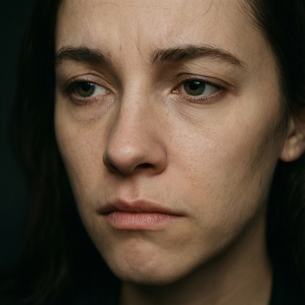 A face showing quiet melancholy — downcast eyes, slightly dr