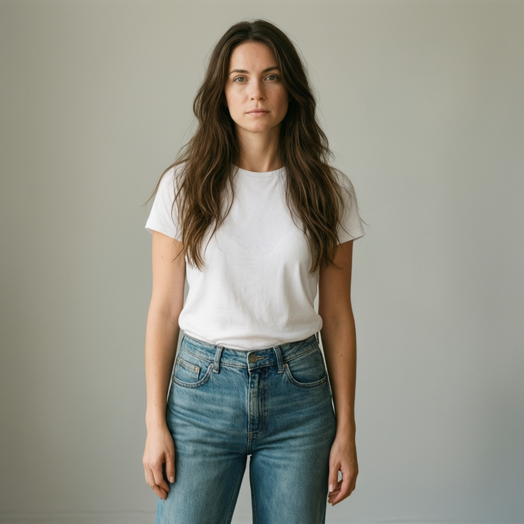 A woman standing upright in a relaxed pose, arms at her side