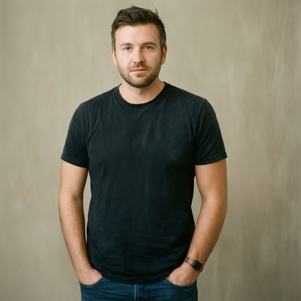 A man standing straight facing the camera, hands in pockets,
