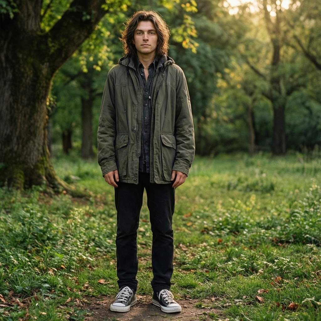 A person standing in a neutral pose in a park, full body vis