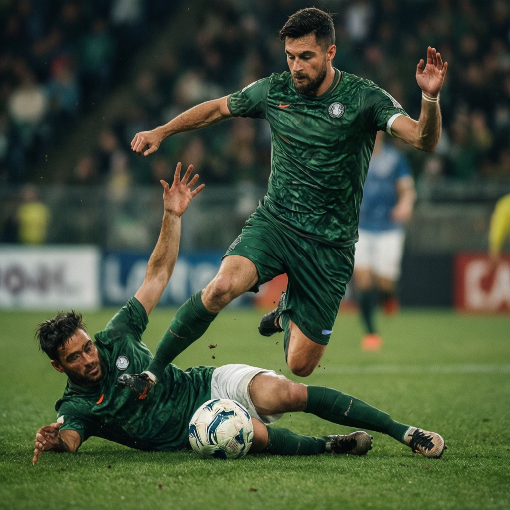 Two soccer players mid-tackle, one sliding and the other jum