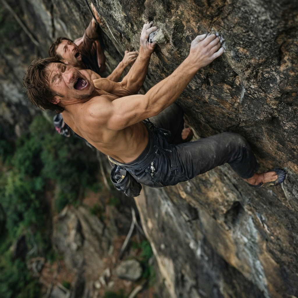 A rock climber clinging to a cliff face with arms and legs e