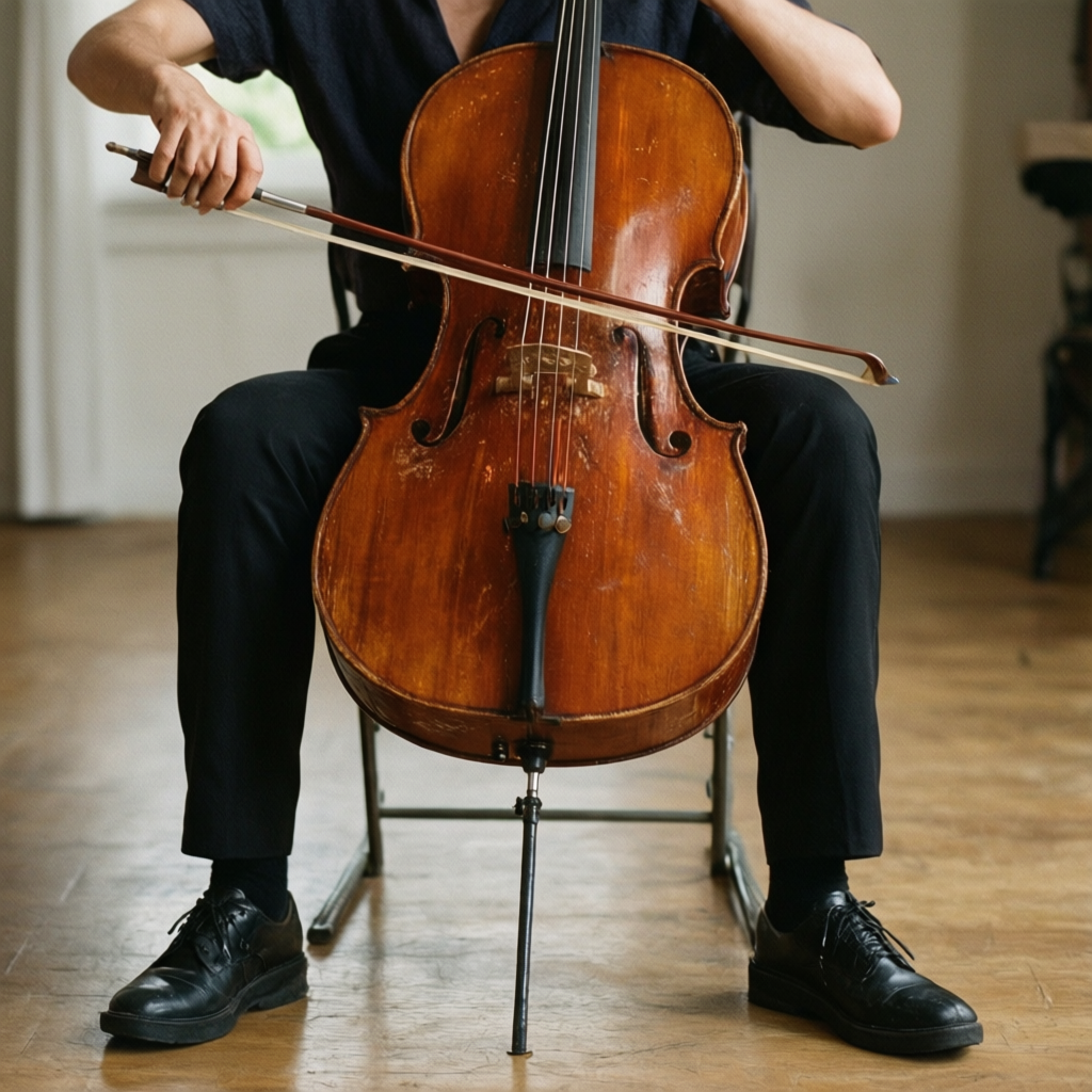 A cellist seated with correct posture, legs around the instr