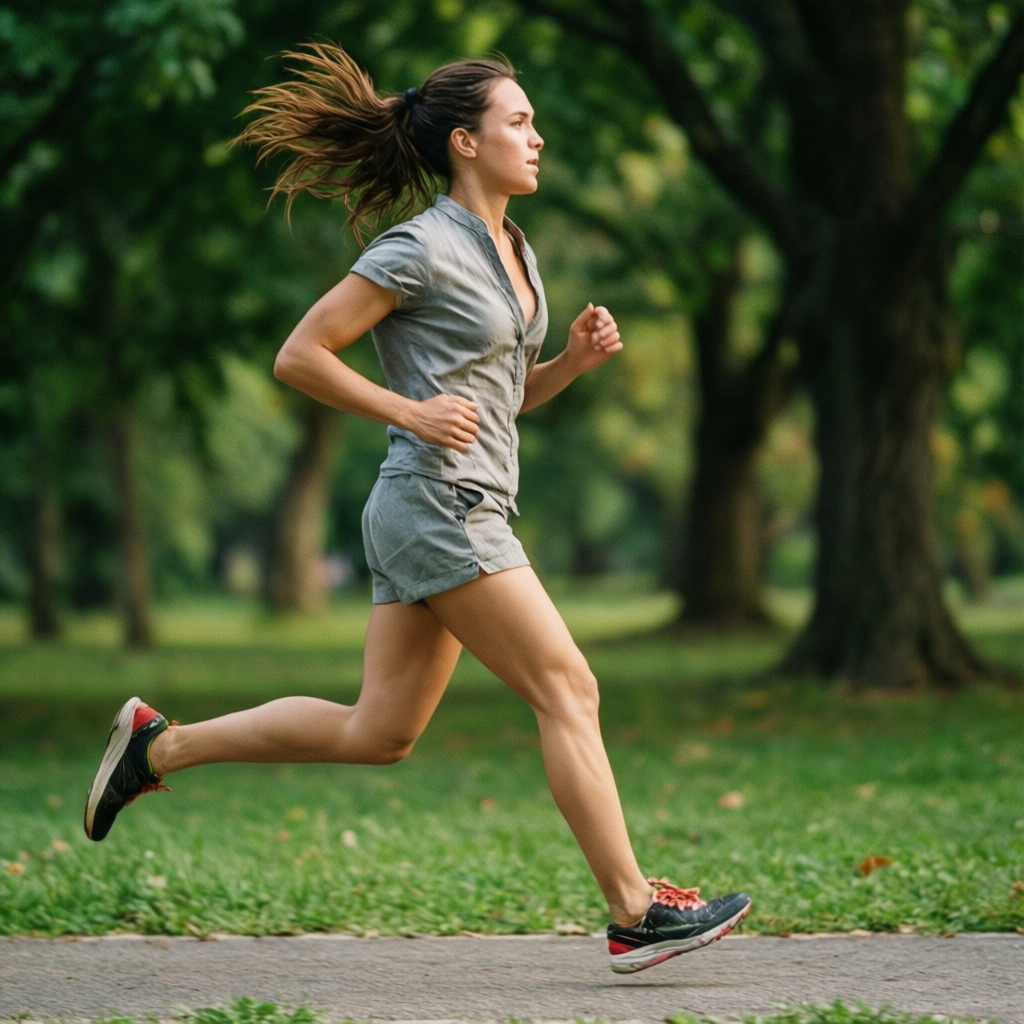 A woman mid-stride running through a park, hair and clothes 