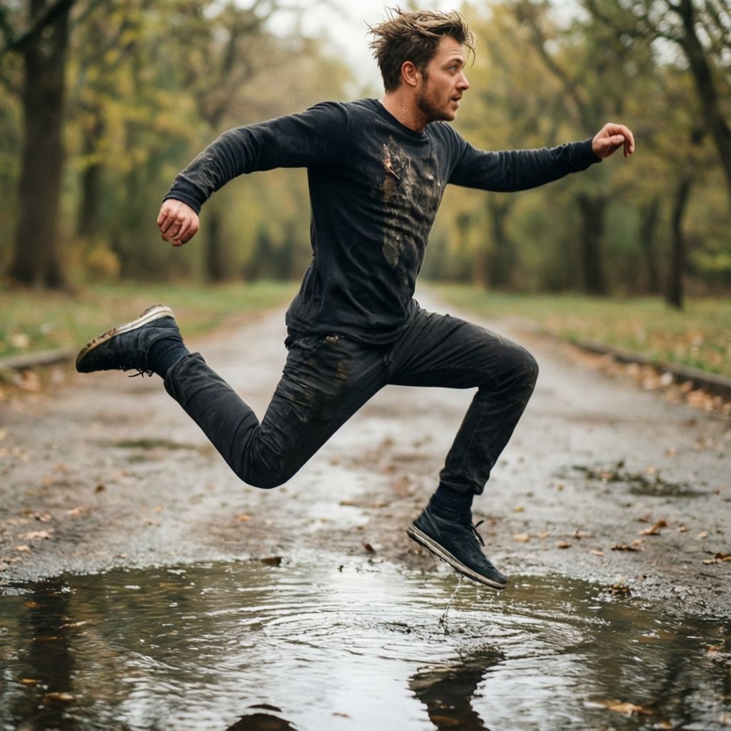 A man captured mid-jump over a puddle, body in the air with 