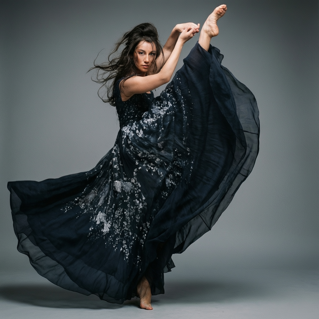 A dancer in a dynamic spin, dress flowing outward with one l