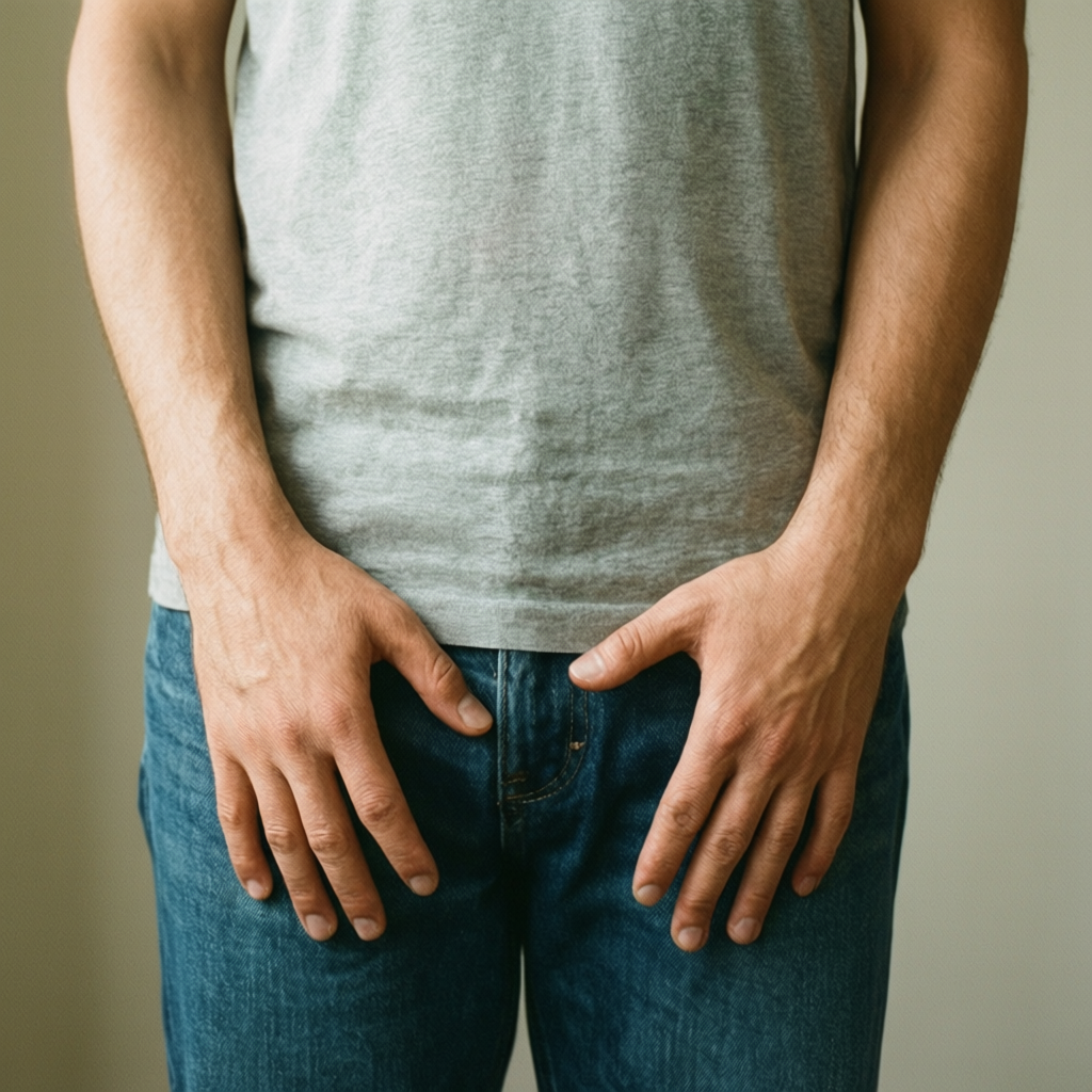 A person standing with both hands visible at their sides, fi