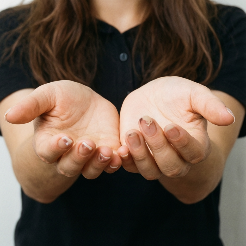 A woman holding her hands out in front of her palms-up, all 