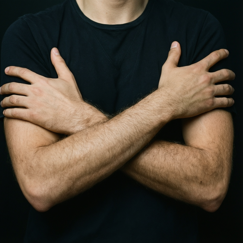 A man with arms crossed, both hands resting on opposite uppe