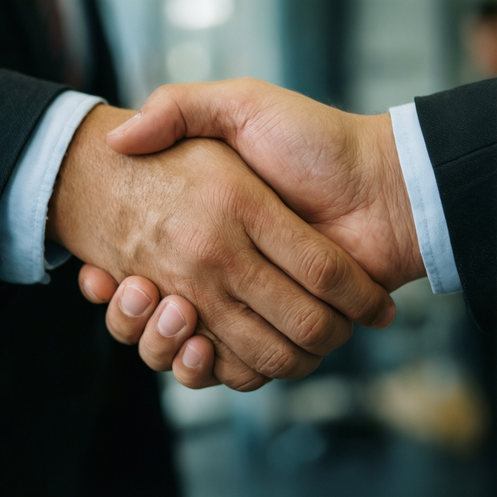 Two people shaking hands in a professional setting, all fing