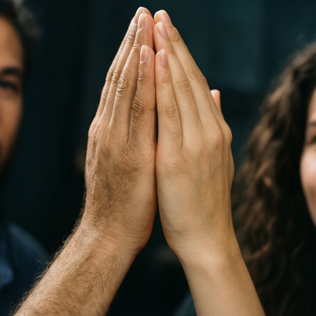 Two people doing a high-five, palms meeting with all fingers