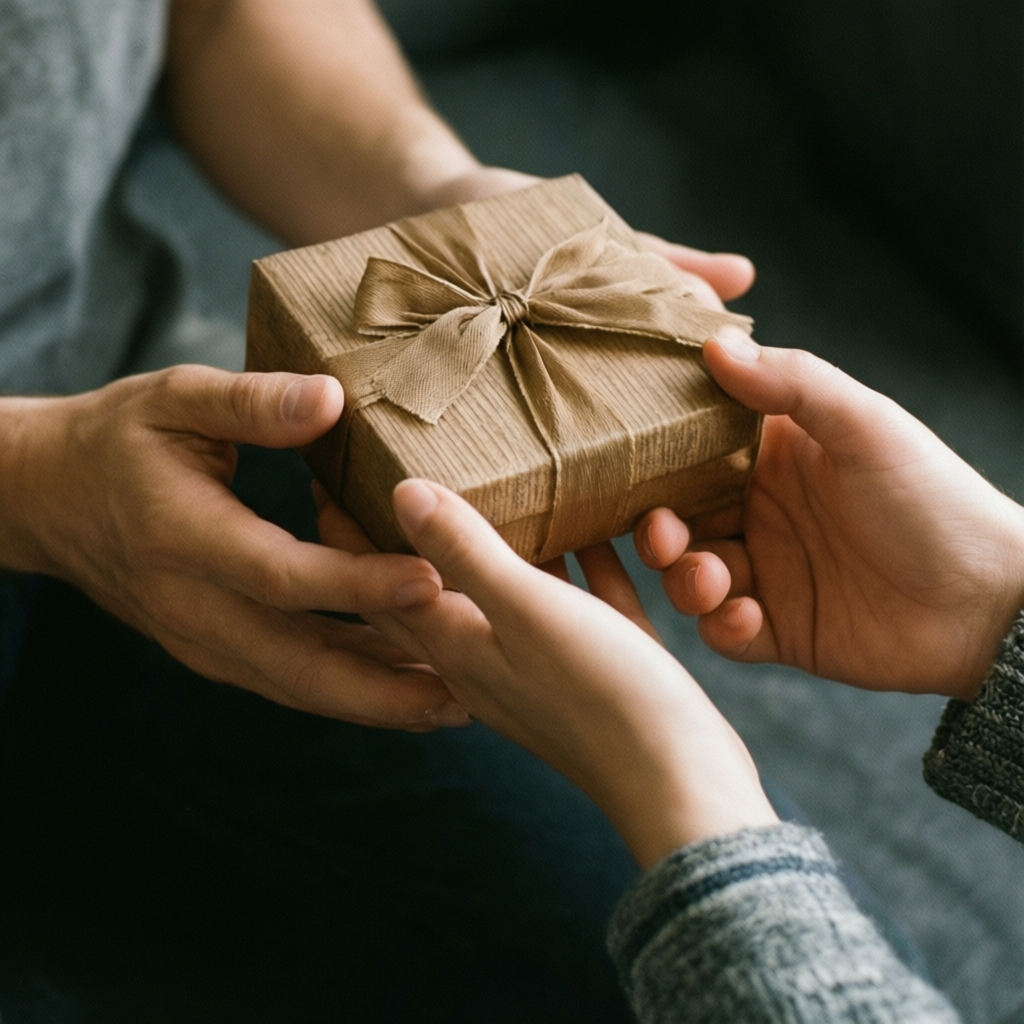 One person handing a small gift box to another person, both 
