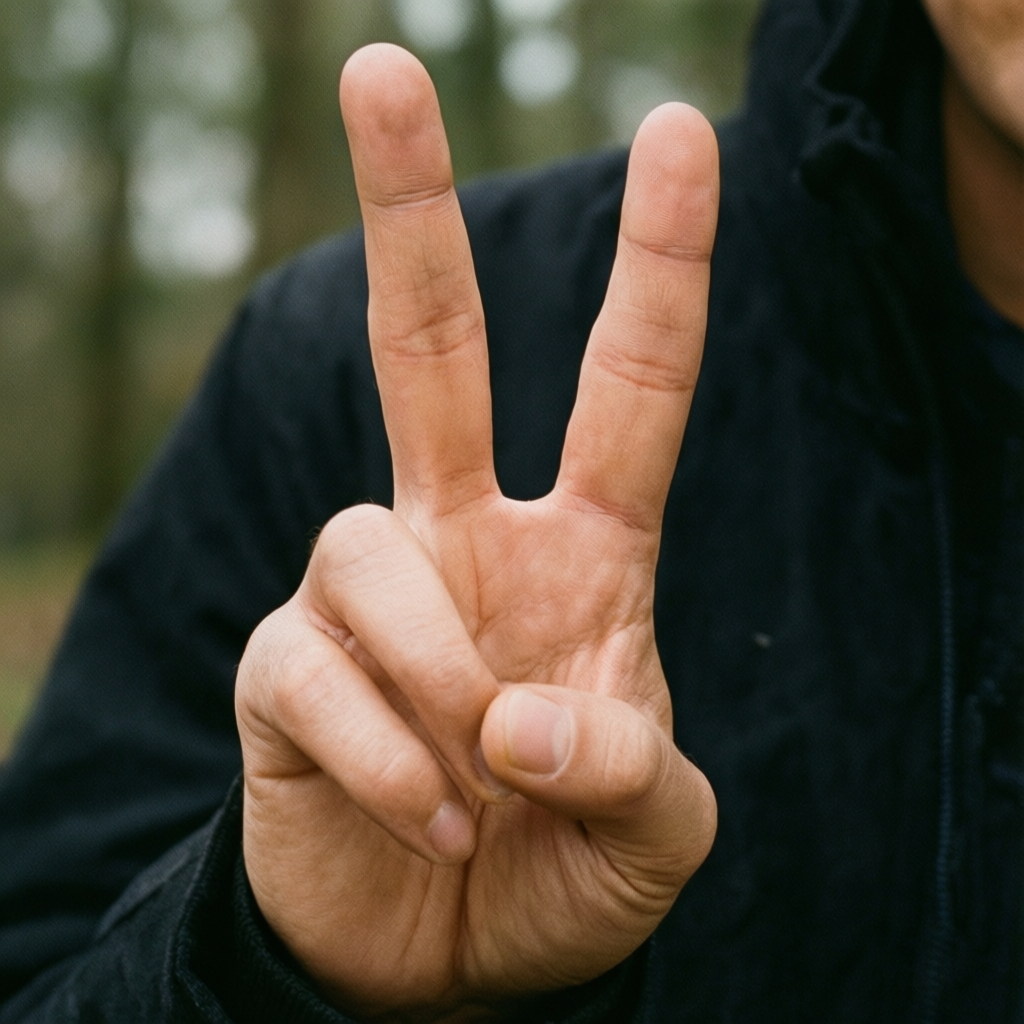 A person making a peace sign with their right hand, clearly 