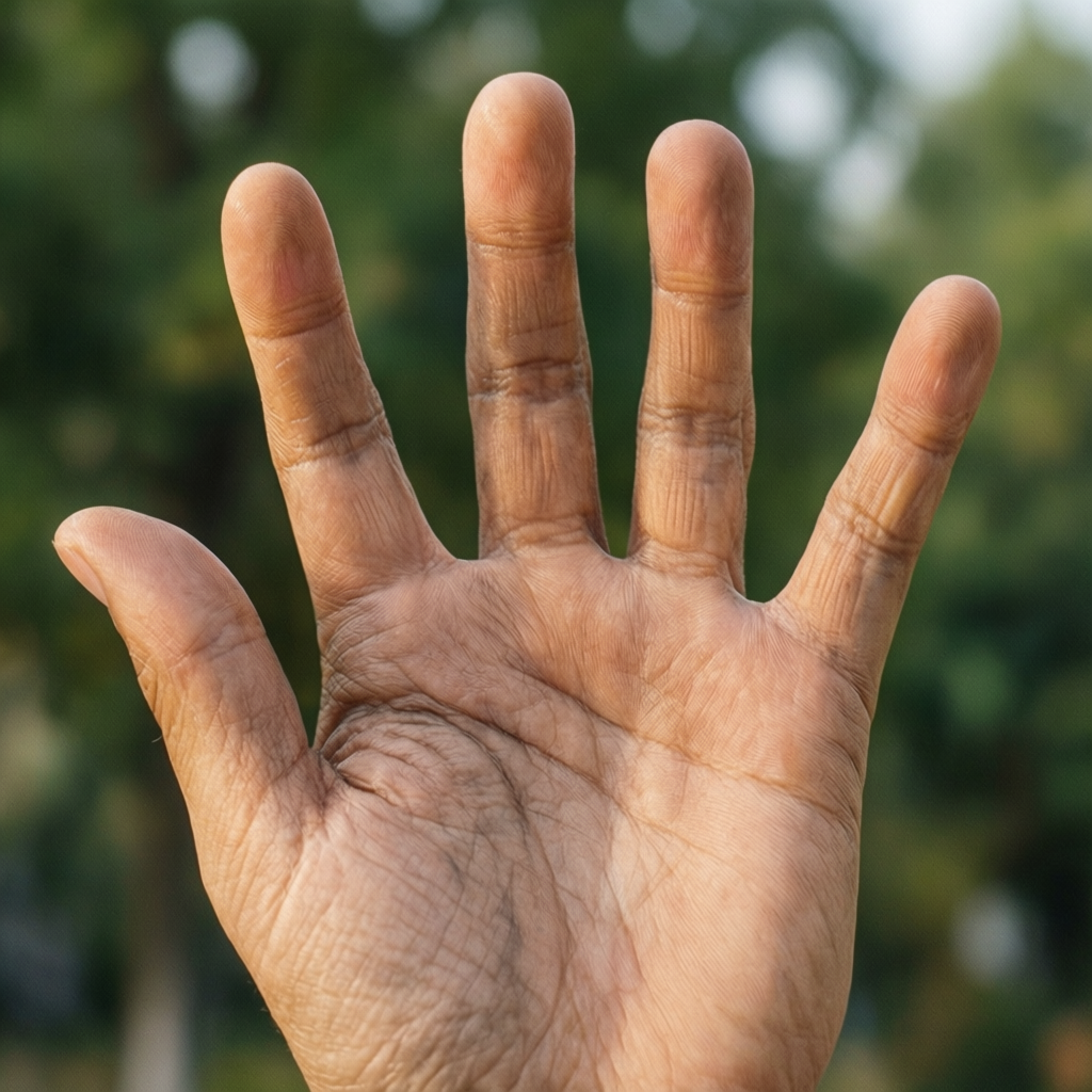 A person counting to three on their fingers, with index, mid