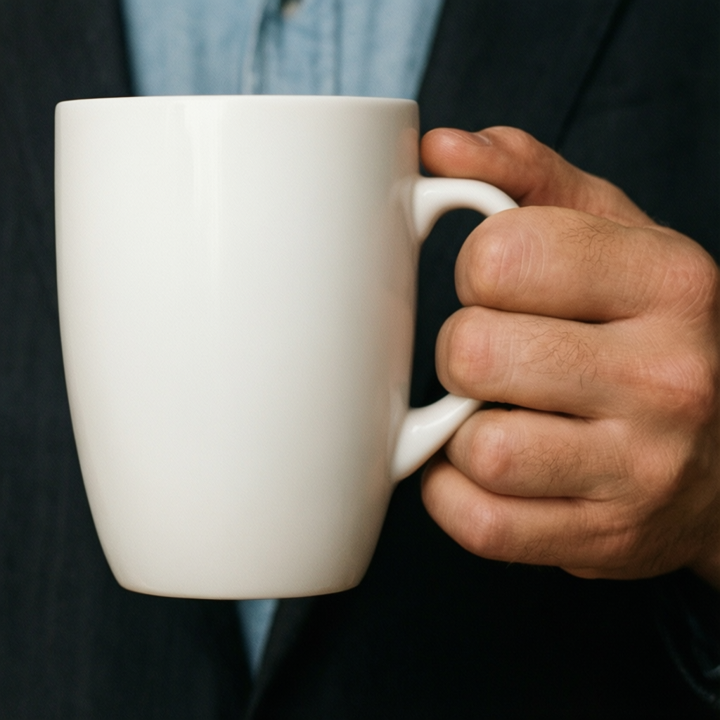 A person holding a white ceramic coffee mug by the handle wi