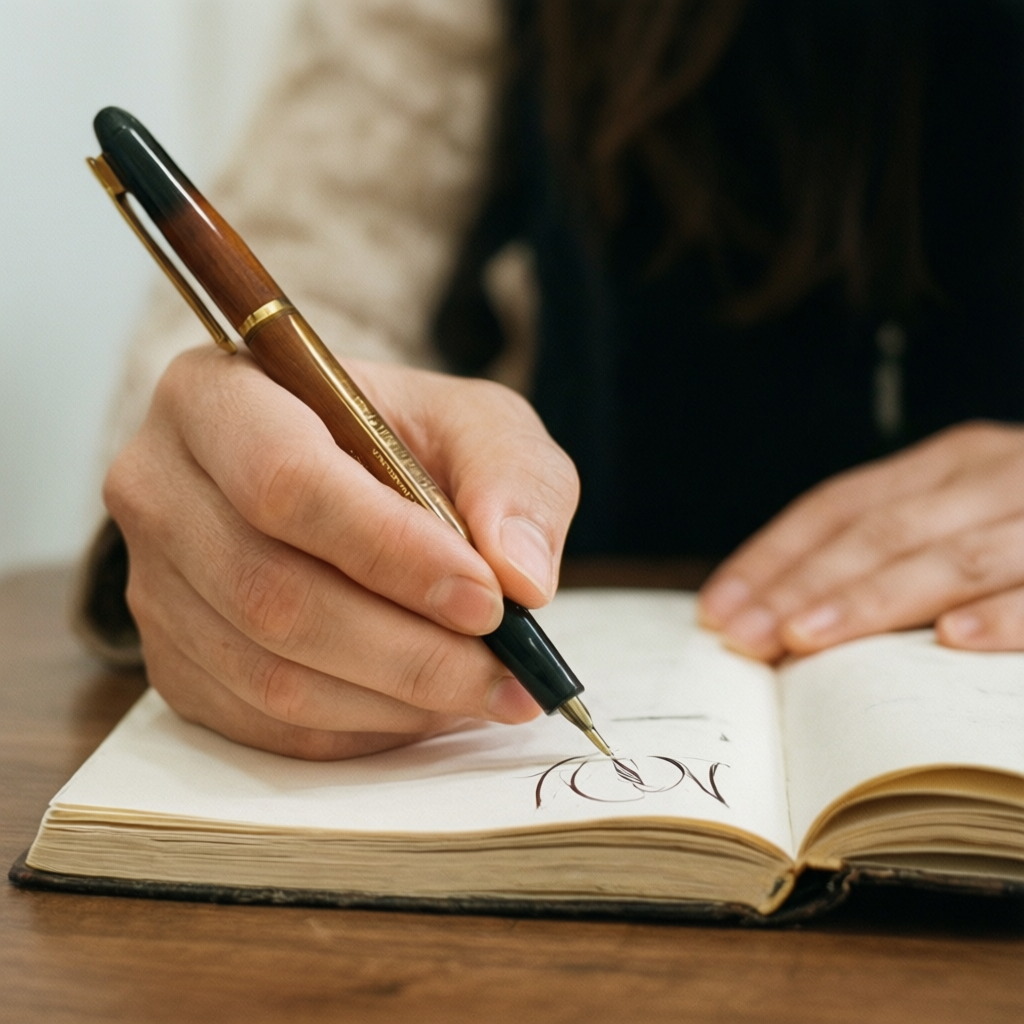 A woman writing in a notebook with a pen gripped correctly i