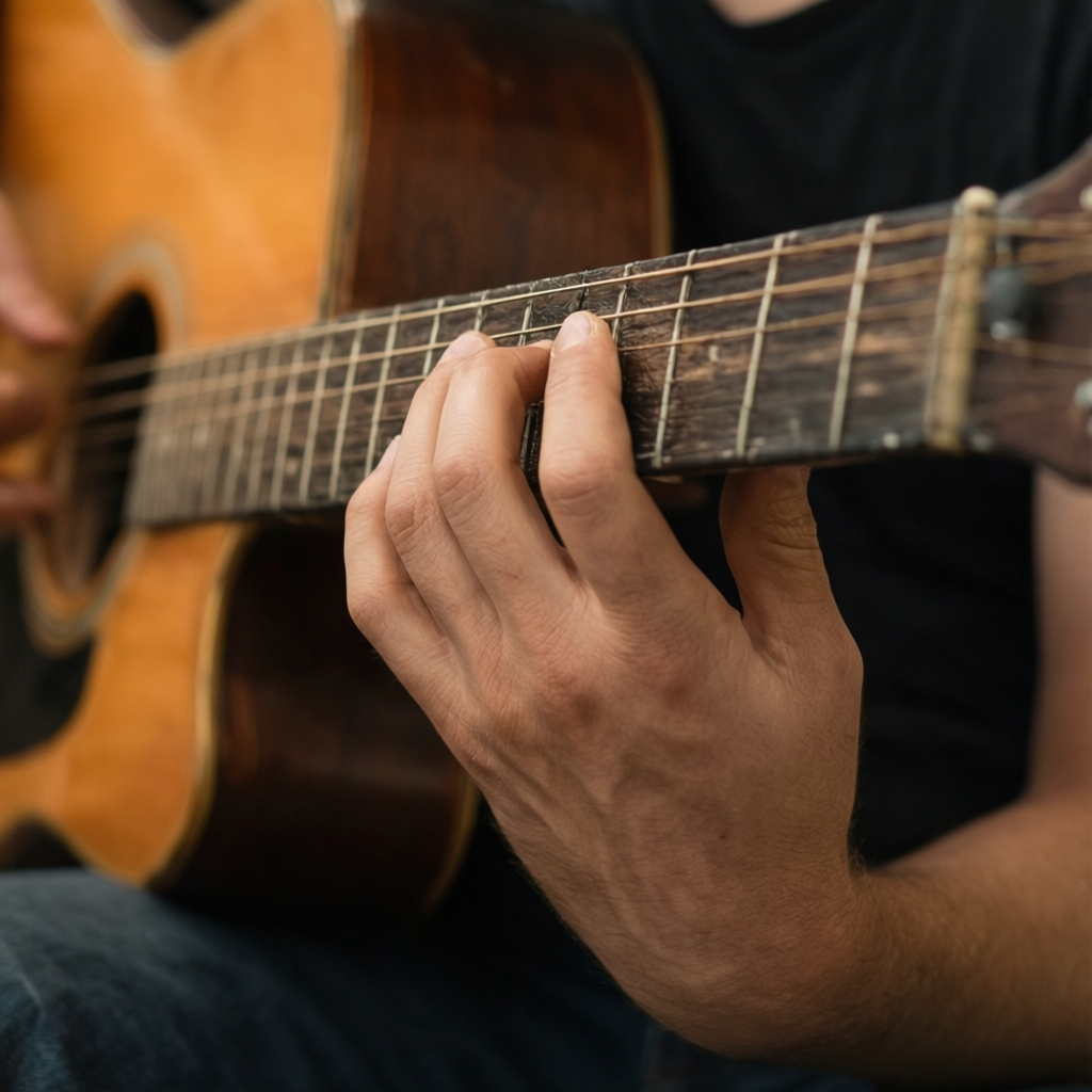 A person playing an acoustic guitar with left hand on the fr