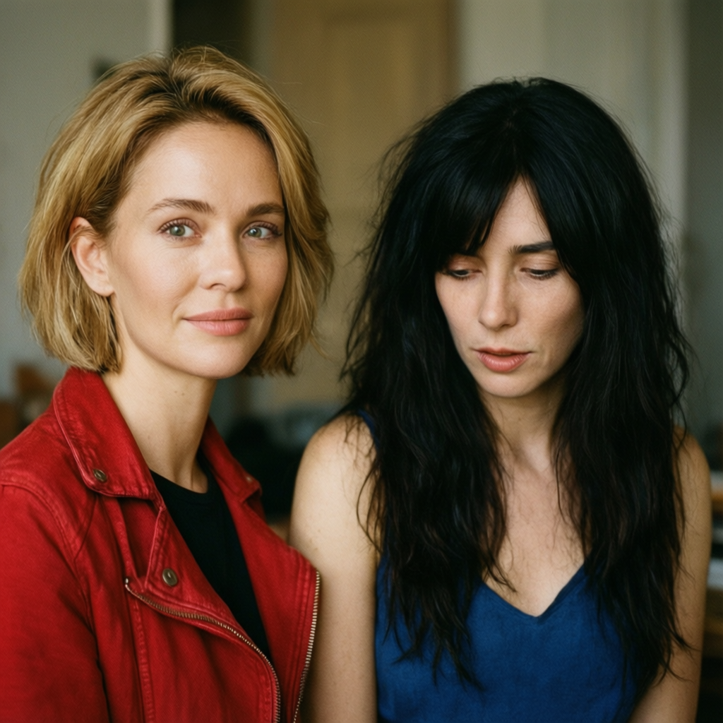 Two women standing side by side: one with short blonde hair 