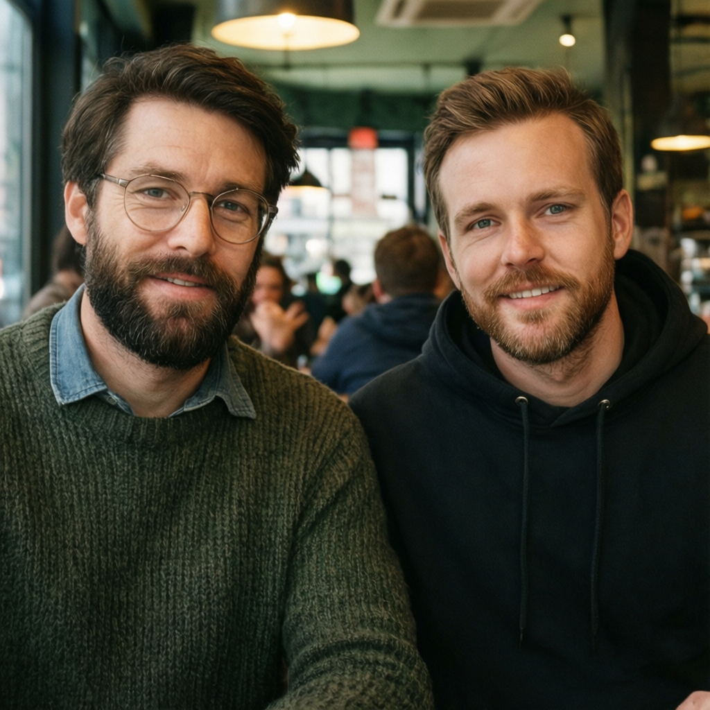 Two men at a cafe: one with a beard and glasses wearing a gr