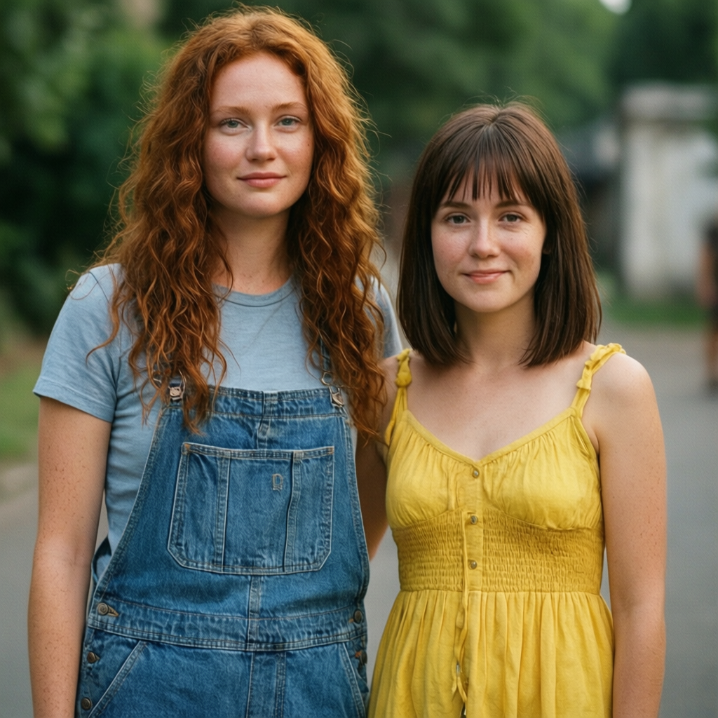 Two friends posing: one tall with curly red hair in denim ov