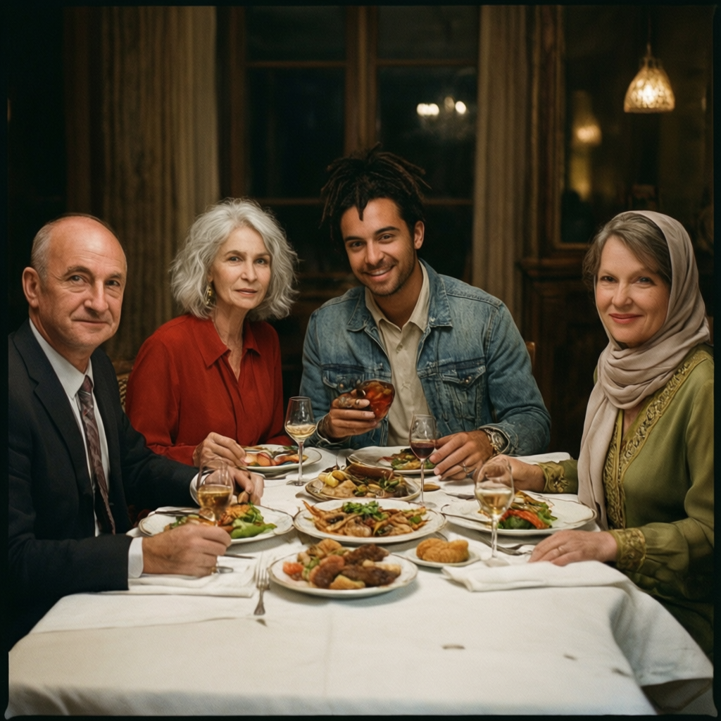 Four people at a dinner table: a bald man in a suit, a woman