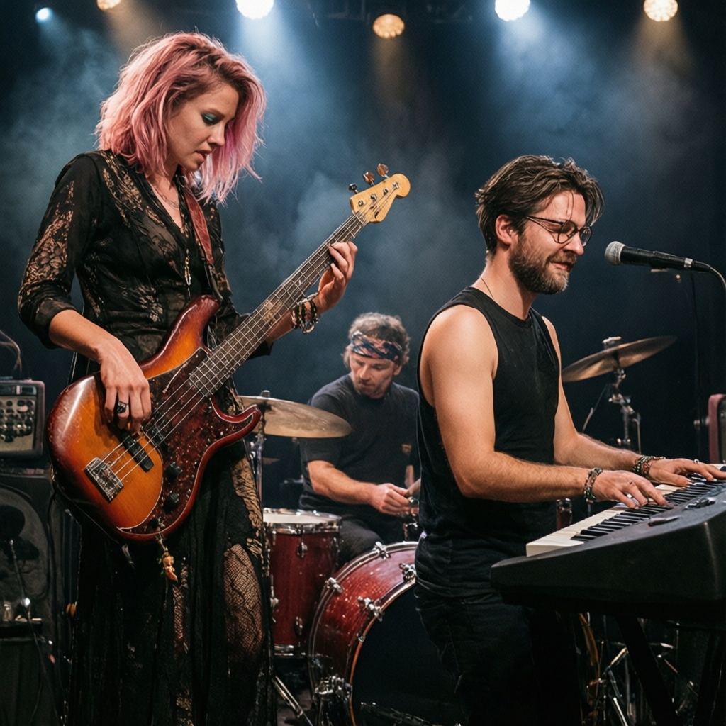 Three musicians on stage: a tall woman with short pink hair 