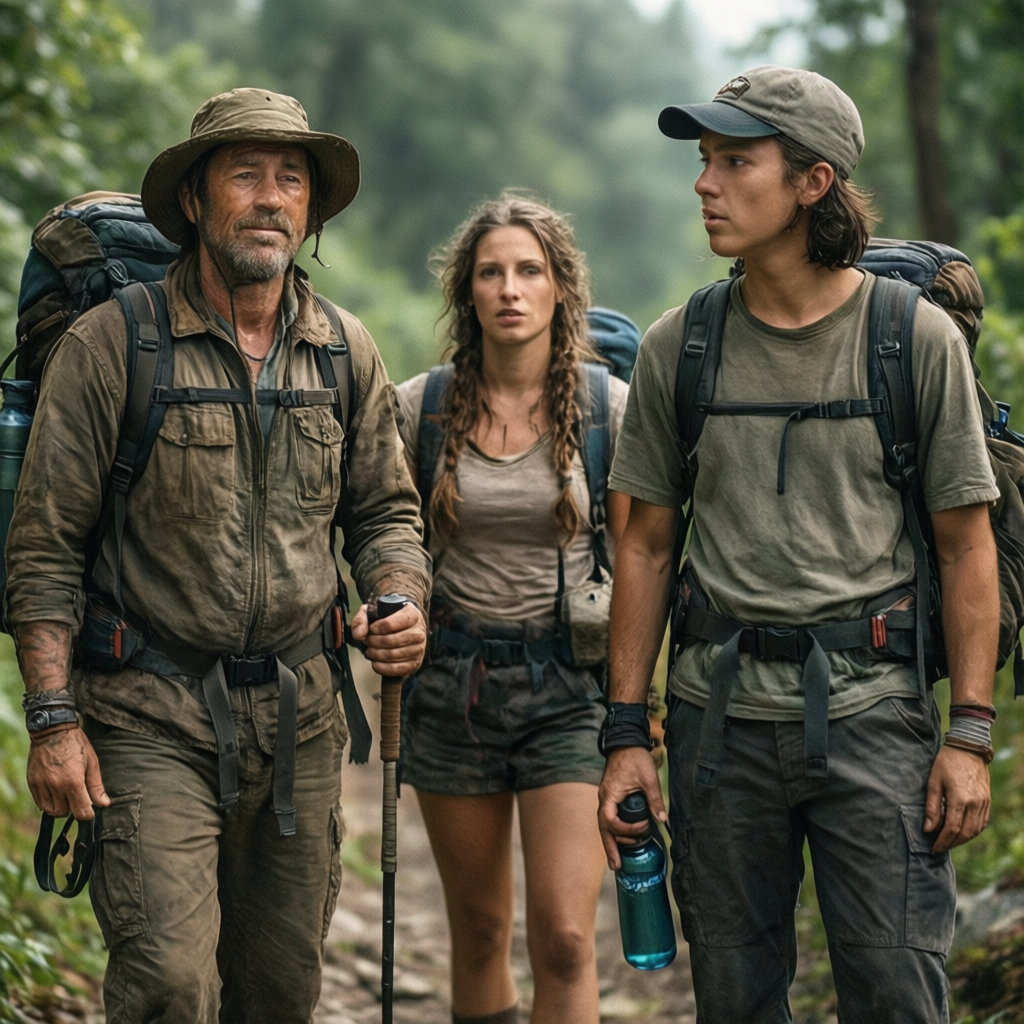 Three hikers on a trail: a man with a backpack and sunhat, a