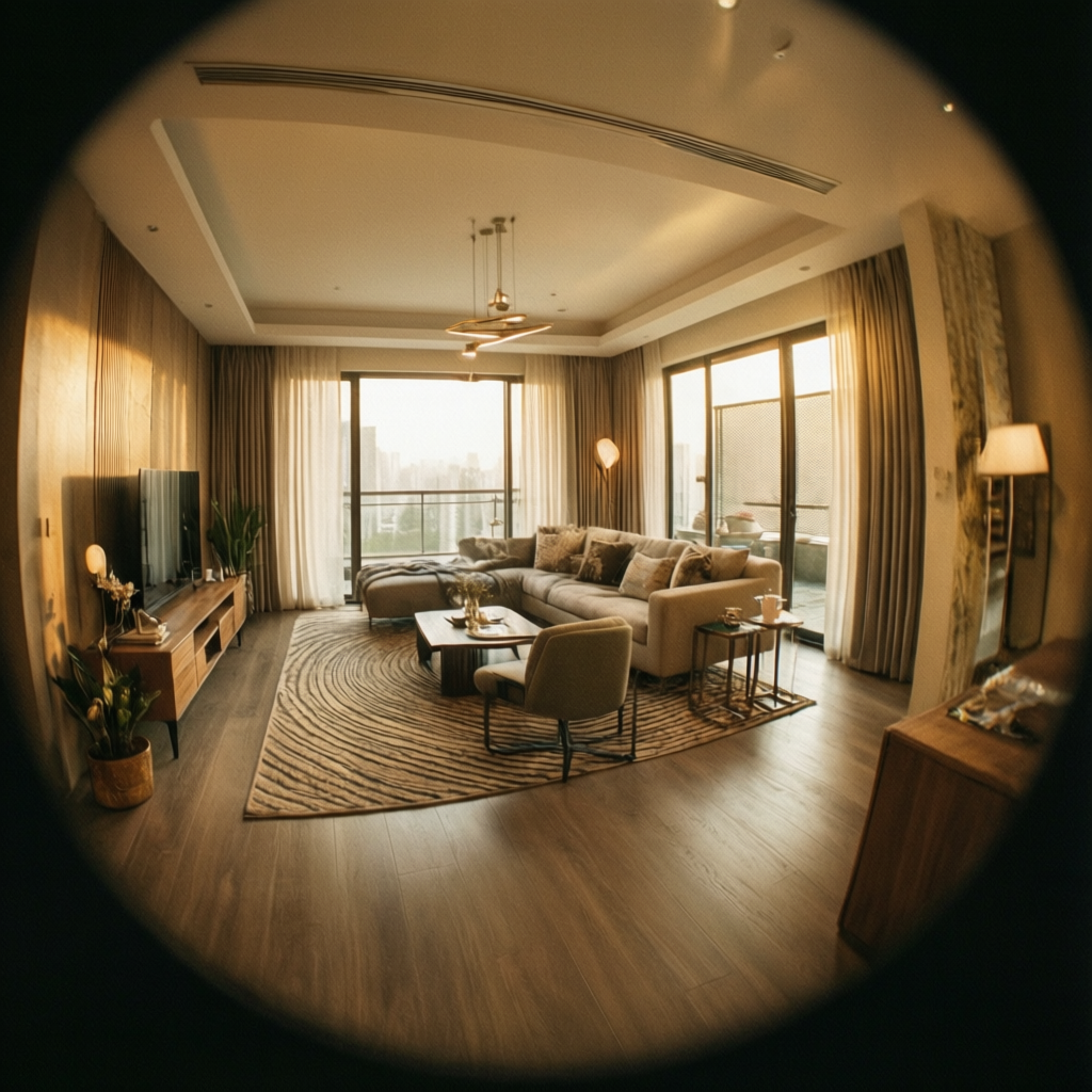A wide-angle shot of a modern living room interior showing e