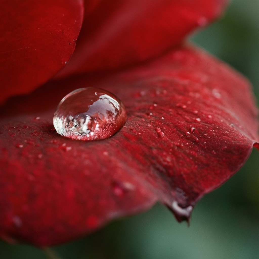 A close-up macro shot of a single dewdrop on a rose petal, s