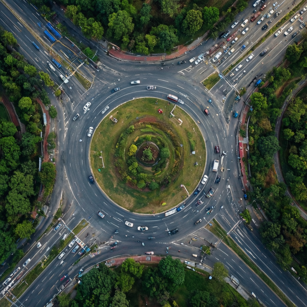 An aerial bird's-eye view looking straight down at a traffic