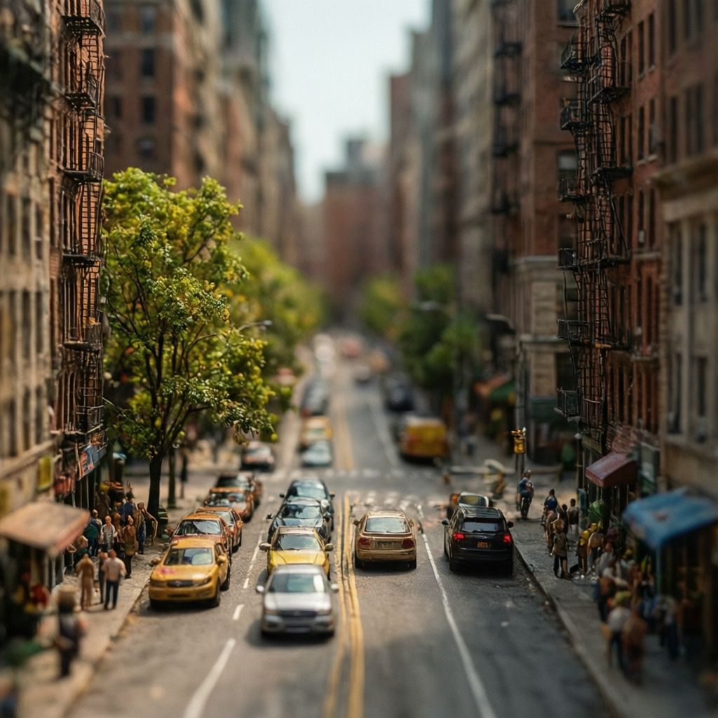 A tilt-shift photograph of a city street making real-life lo