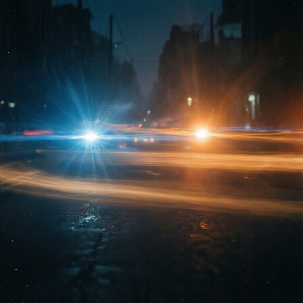 A cinematic frame with blue and orange anamorphic lens flare