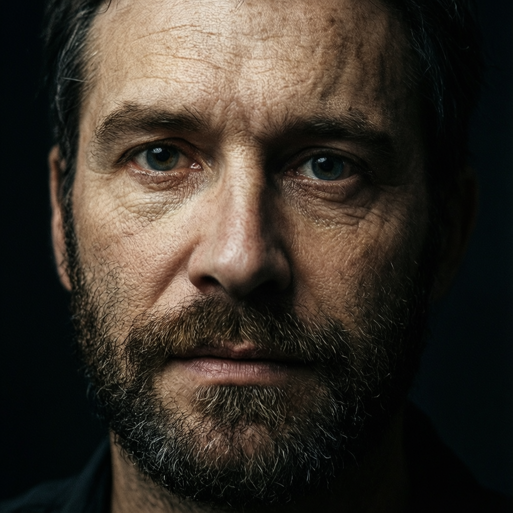 A portrait with dramatic split lighting — half the face brig