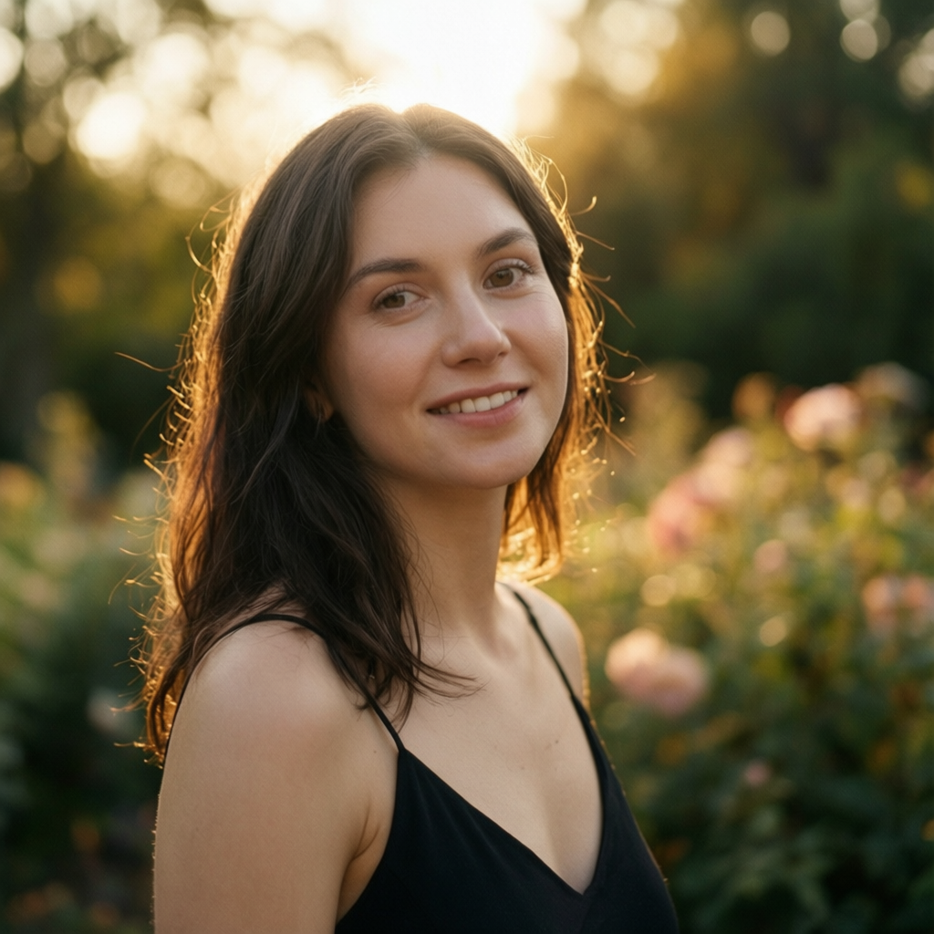 A portrait shot at 85mm f/1.4 with creamy bokeh background, 