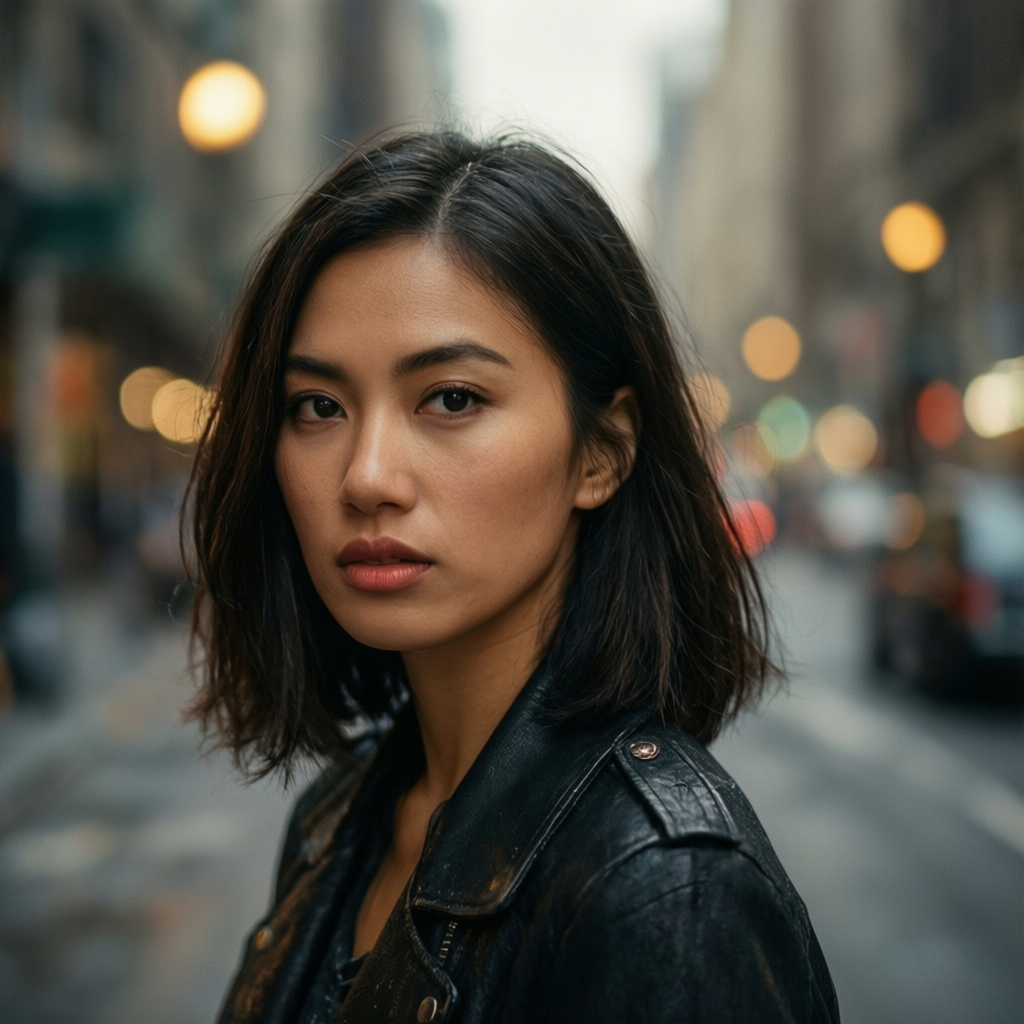 A street photograph with shallow depth of field as if shot a