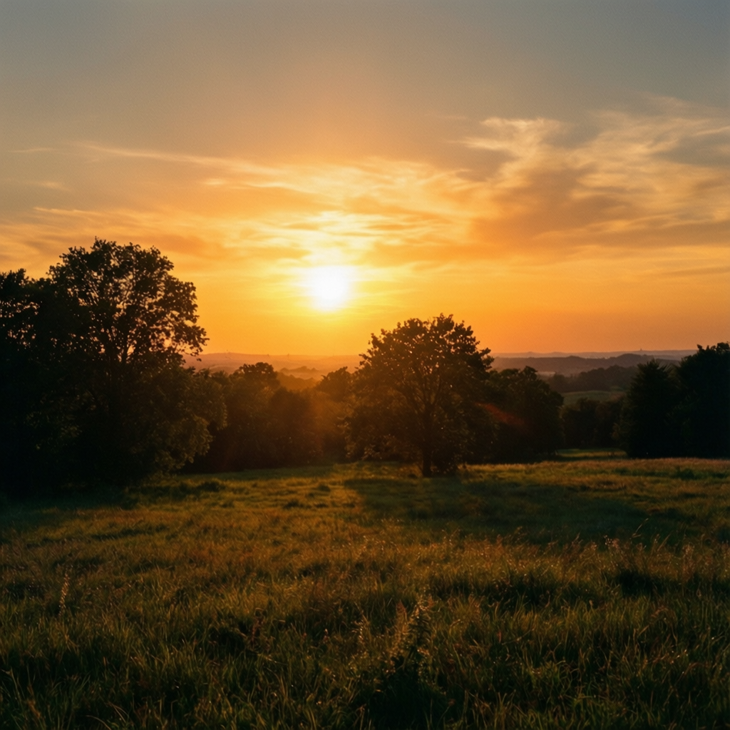 A landscape photograph bathed in golden hour light — long wa