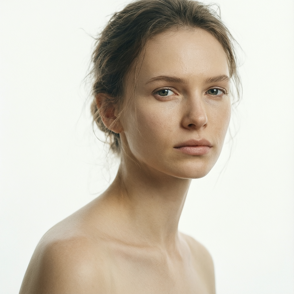 A high-key portrait of a person against a bright white backg