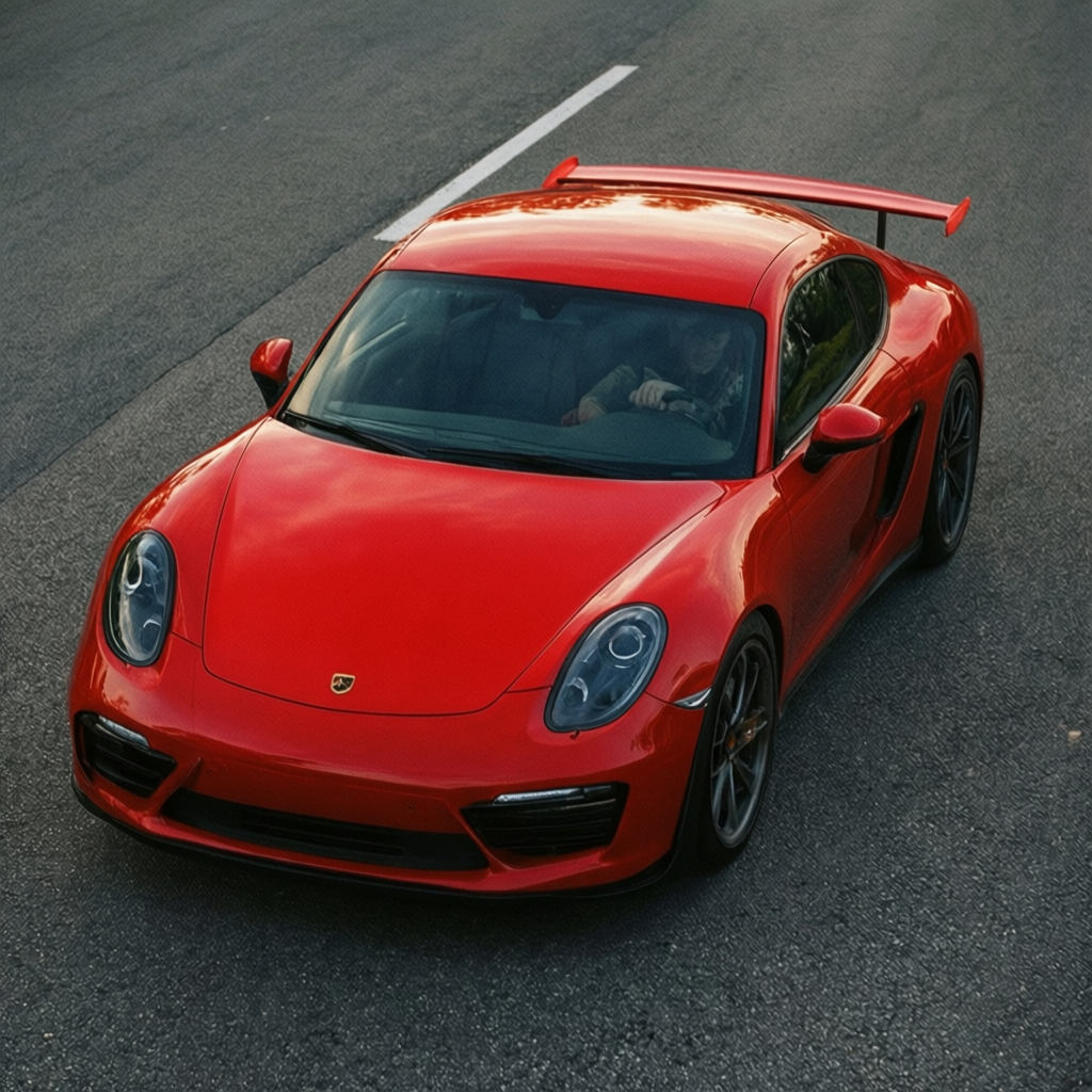 A bright red sports car parked on a gray asphalt road — the 