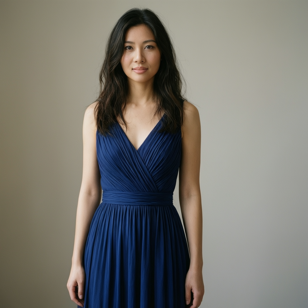 A woman wearing a royal blue evening dress against a neutral