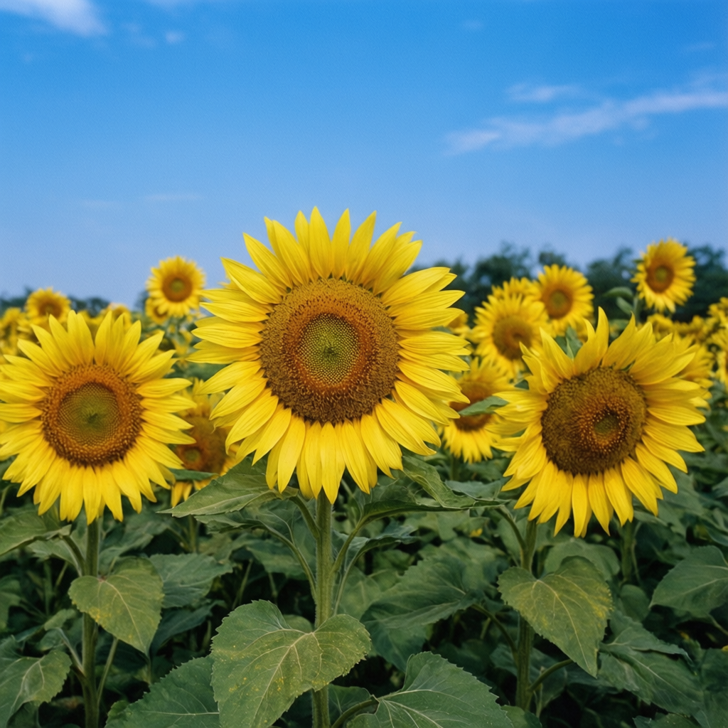 A field of pure sunflower yellow flowers under a clear blue 