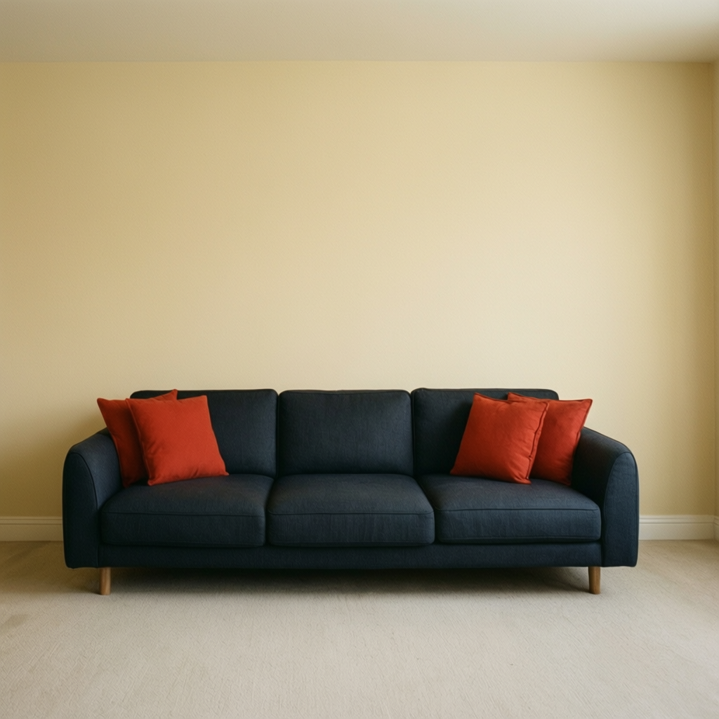 A minimalist room with walls in #F5E6CC (warm cream), a sofa