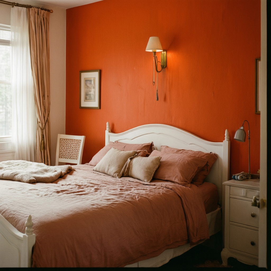 A bedroom wall painted in #FF6B35 (burnt orange) with white 