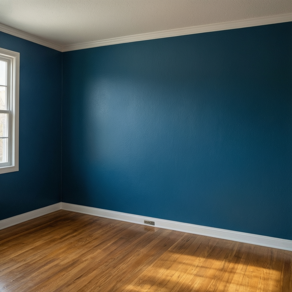 A room with walls in #4A90D9 (medium blue) with warm wooden 