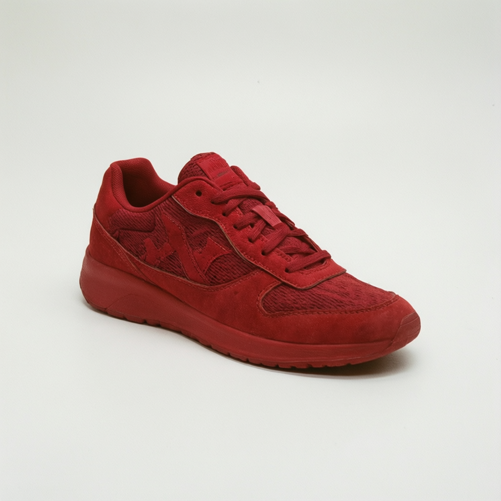 A single red sneaker on a clean white background with soft s