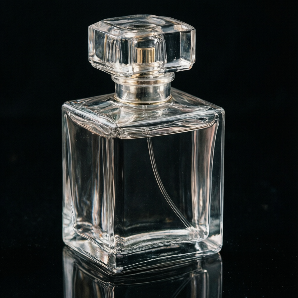 A clear glass perfume bottle on a reflective black surface w
