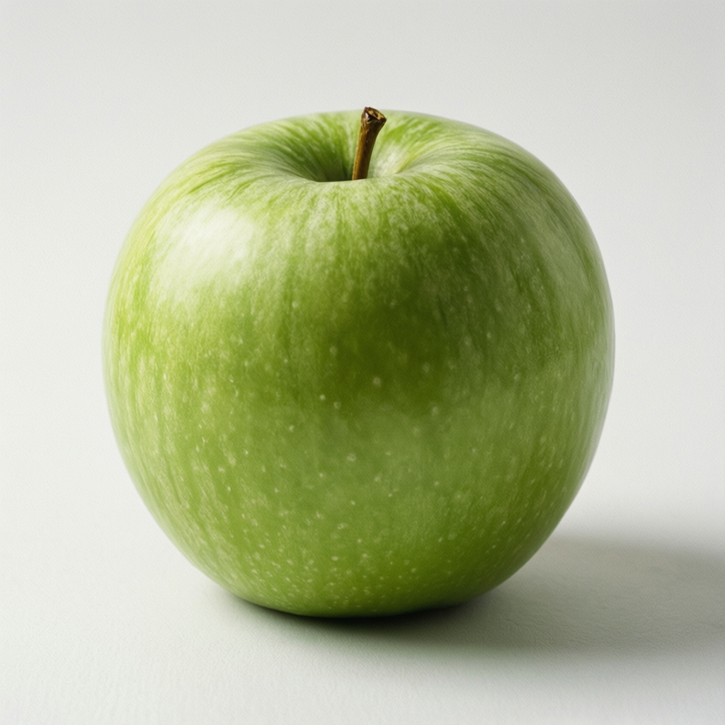 A ripe green apple on a seamless white background with soft 