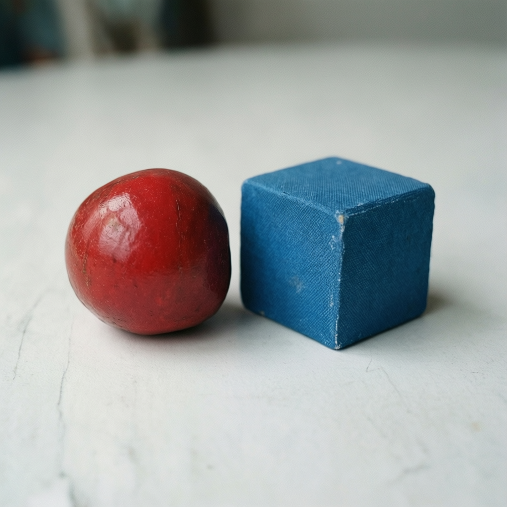A red ball and a blue cube sitting side by side on a white s