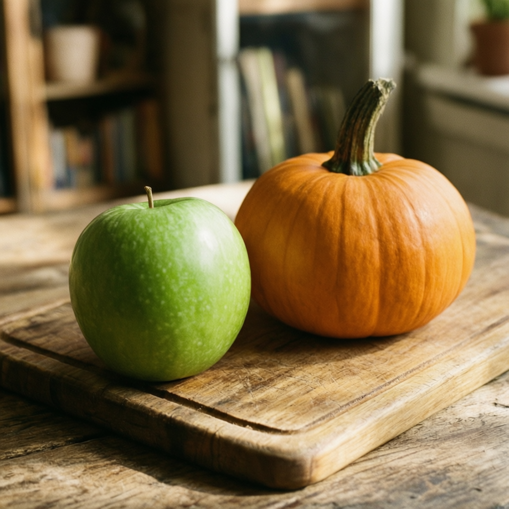 A green apple and an orange pumpkin on a wooden cutting boar