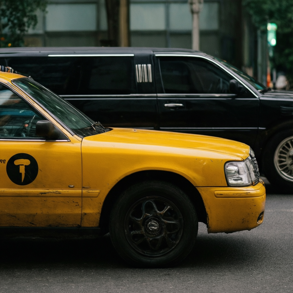 A yellow taxi and a black limousine parked next to each othe