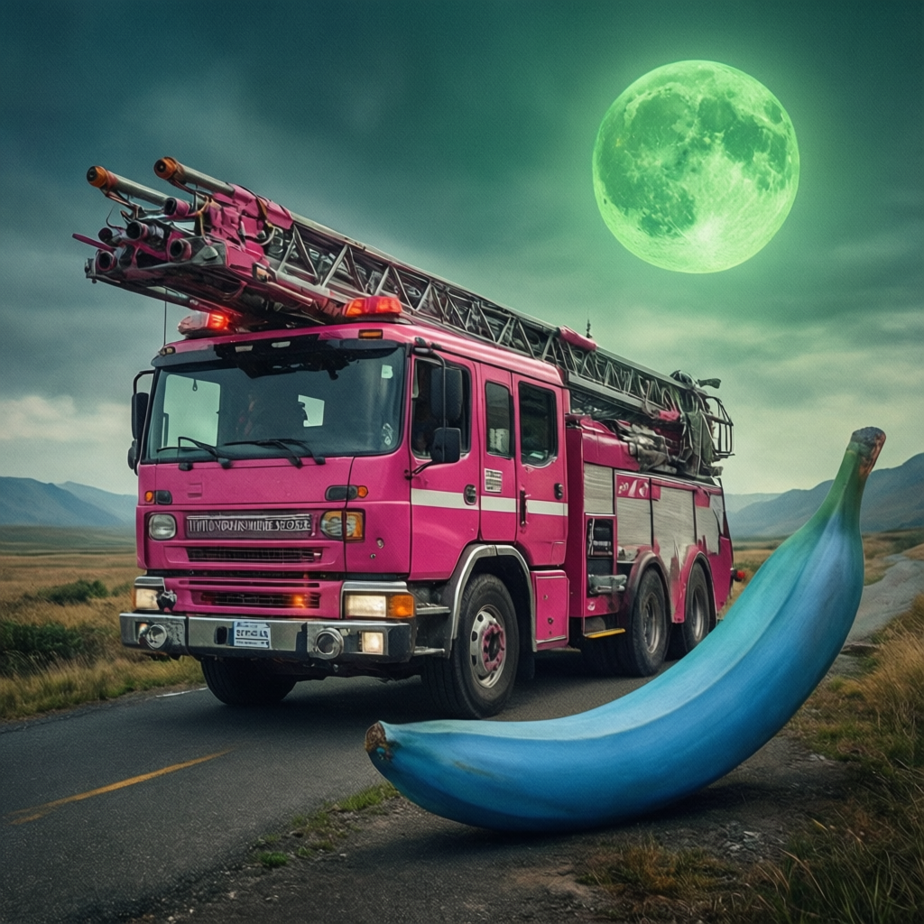 A pink fire truck, a blue banana, and a green sun in a surre